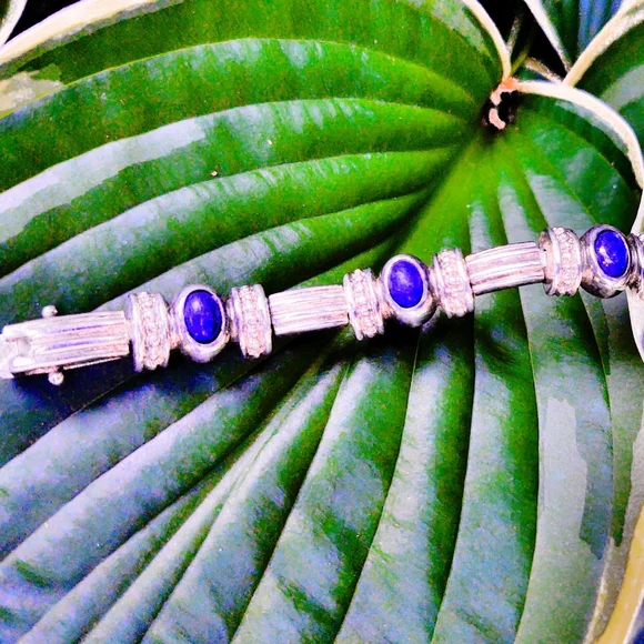 Vintage Lapis Sterling Silver, Heavy Link Bracelet - Picture 2 of 8